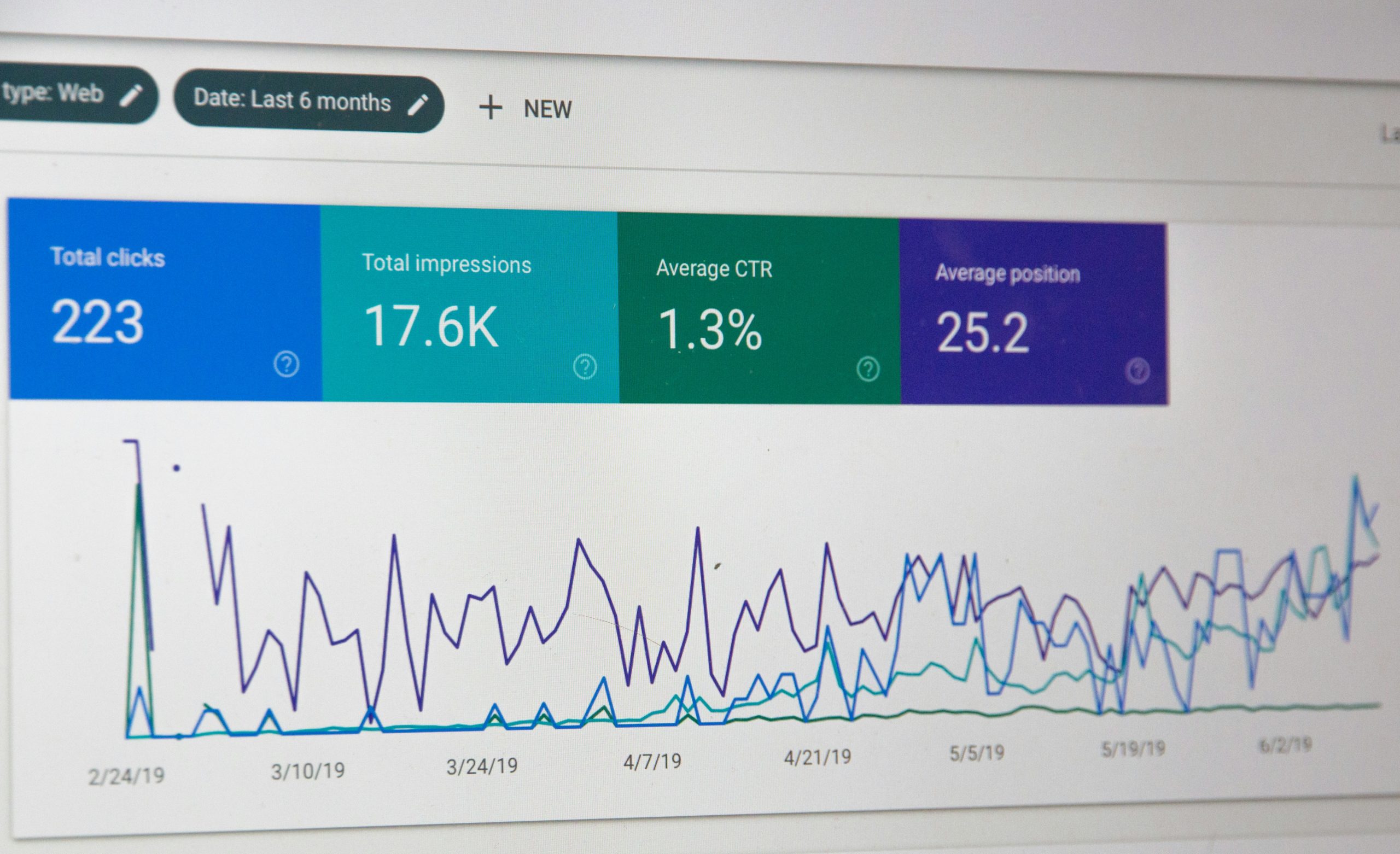 Ordinateur portable montrant le tableau de bord des performances de Google Search Console